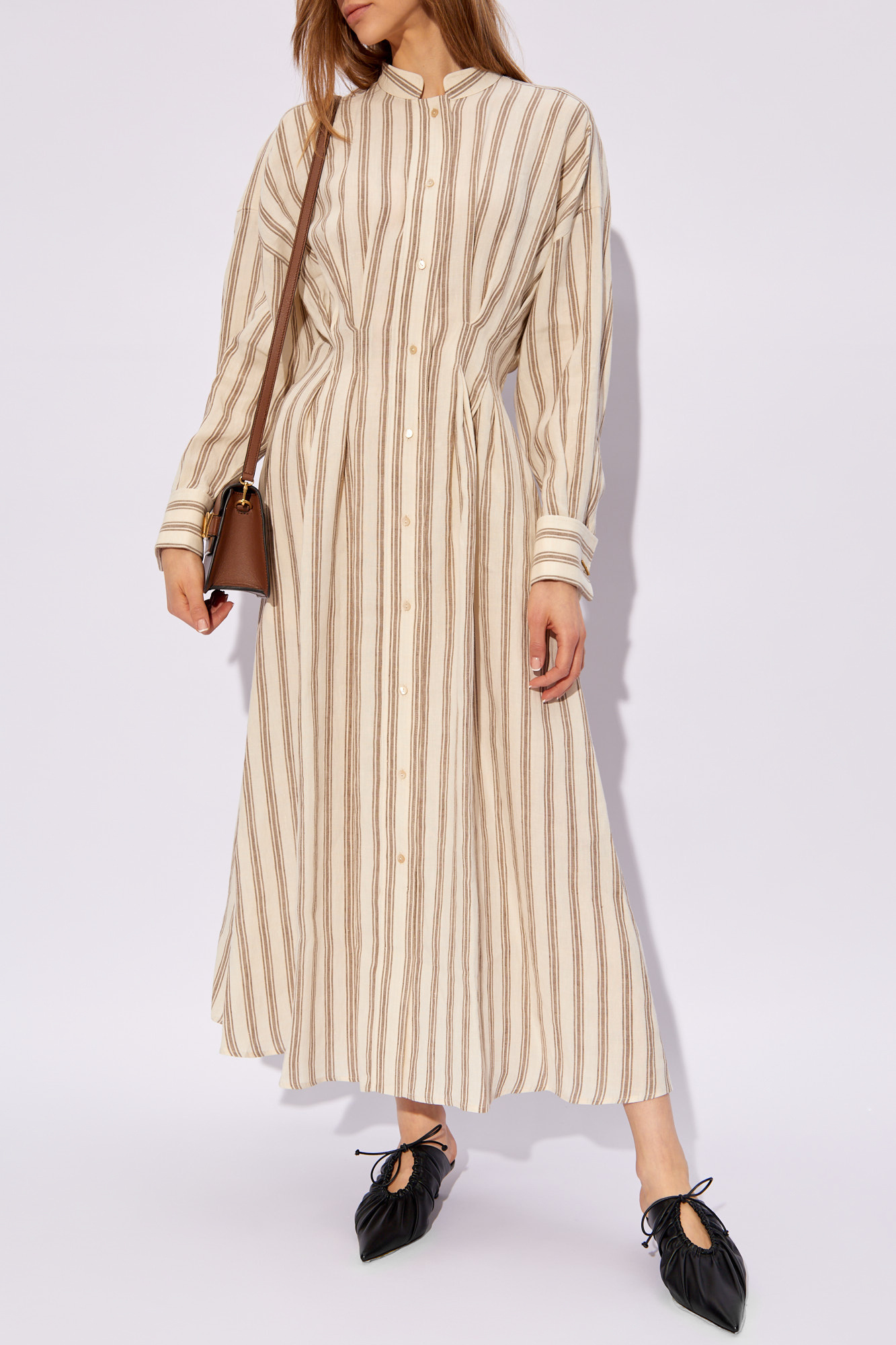 ☆DT☆入手困難☆上品Linen Long Dress/YOLE/MaxMara Beige 'Yole' striped dress Max Mara - lace-panel shift dress